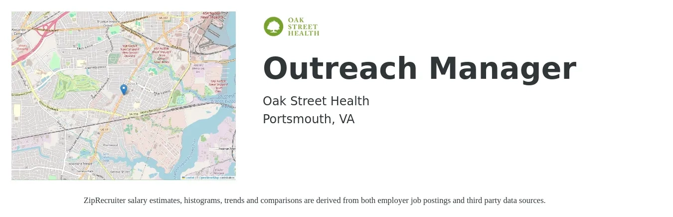 Oak Street Health job posting for a Outreach Manager in Portsmouth, VA with a salary of $53,900 to $115,000 Yearly with a map of Portsmouth location.