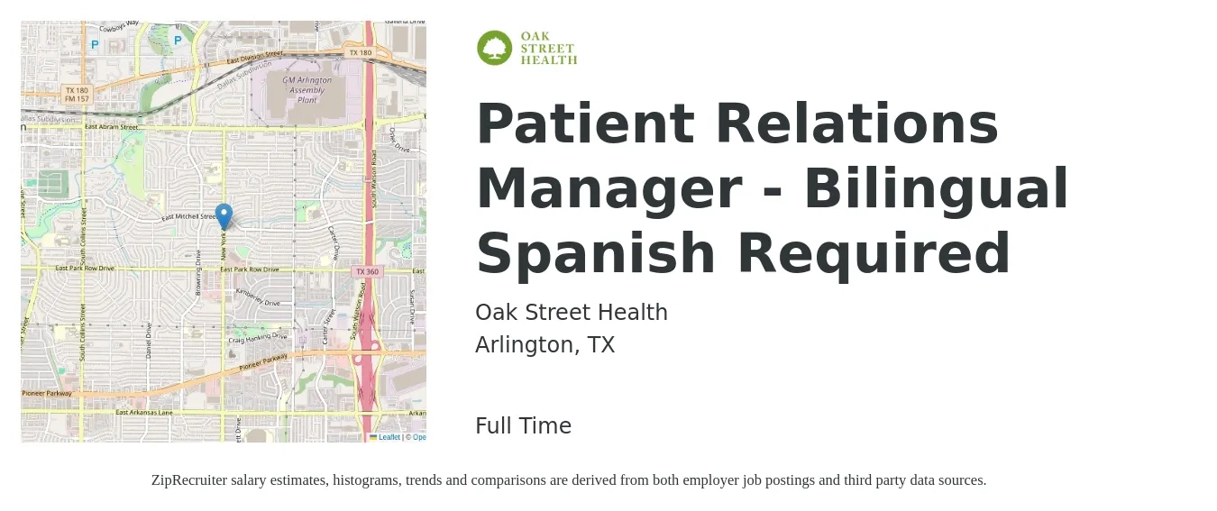 Oak Street Health job posting for a Patient Relations Manager - Bilingual Spanish Required in Arlington, TX with a salary of $42,700 to $62,100 Yearly with a map of Arlington location.