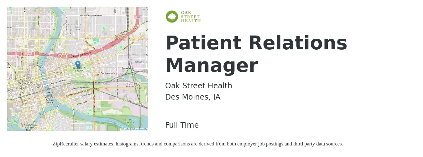 Oak Street Health job posting for a Patient Relations Manager in Des Moines, IA with a salary of $46,400 to $67,300 Yearly with a map of Des Moines location.