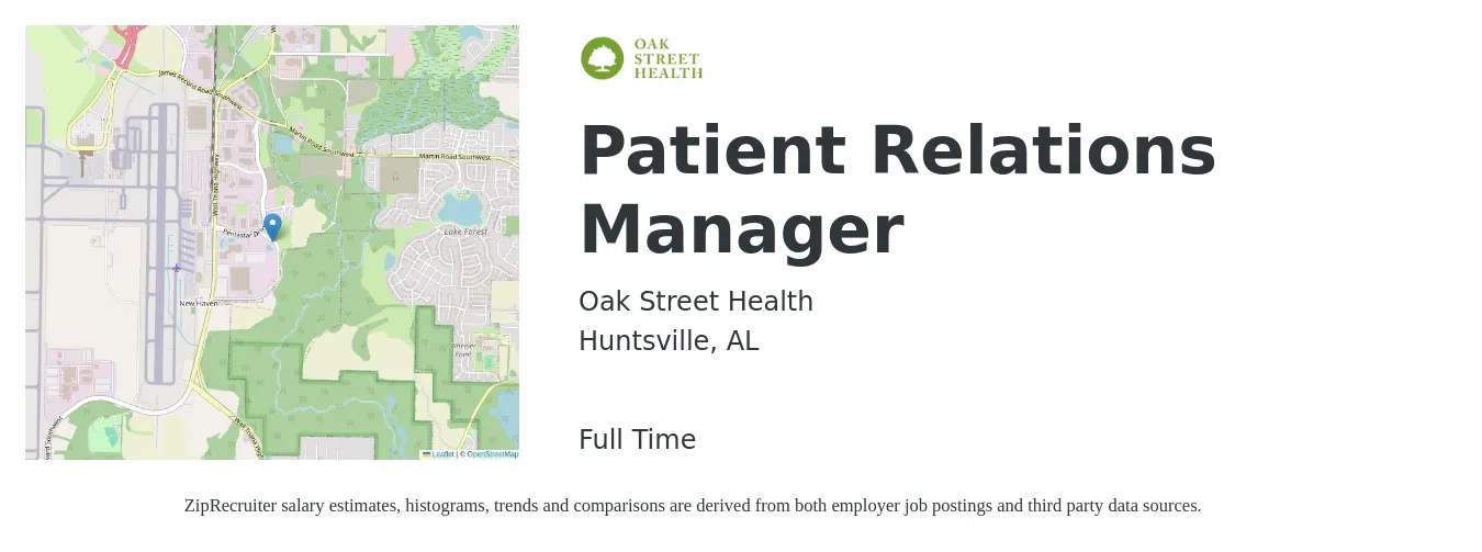 Oak Street Health job posting for a Patient Relations Manager in Huntsville, AL with a salary of $40,800 to $59,300 Yearly with a map of Huntsville location.