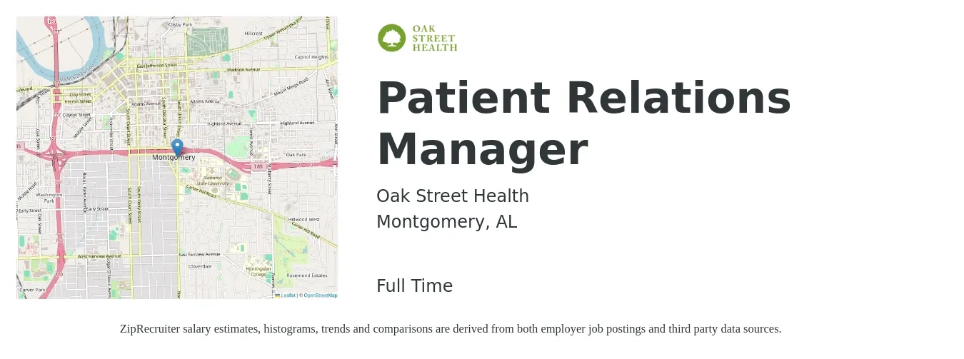 Oak Street Health job posting for a Patient Relations Manager in Montgomery, AL with a salary of $46,400 to $67,400 Yearly with a map of Montgomery location.