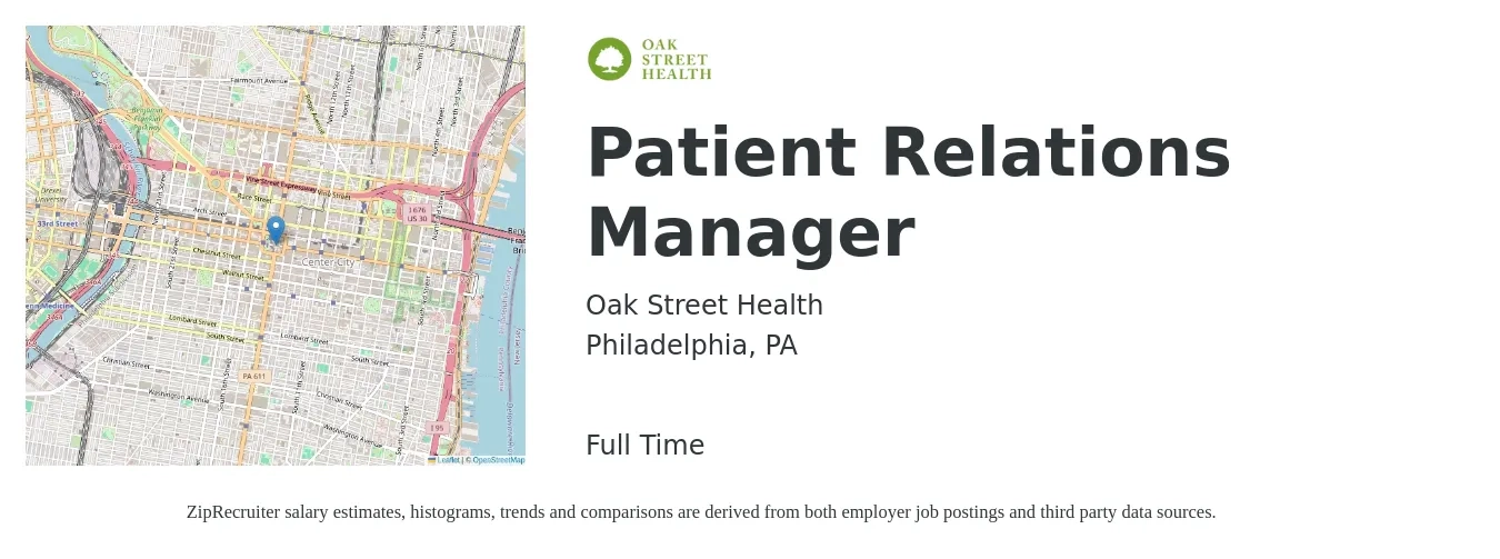 Oak Street Health job posting for a Patient Relations Manager in Philadelphia, PA with a salary of $47,900 to $69,600 Yearly with a map of Philadelphia location.