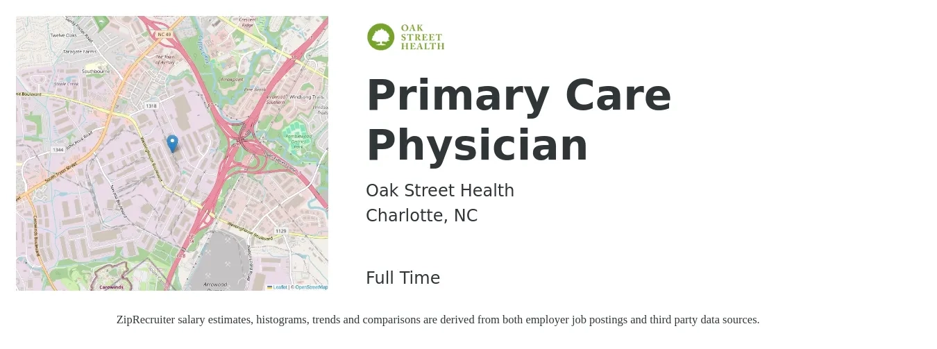 Oak Street Health job posting for a Primary Care Physician in Charlotte, NC with a salary of $185,600 to $238,800 Yearly with a map of Charlotte location.