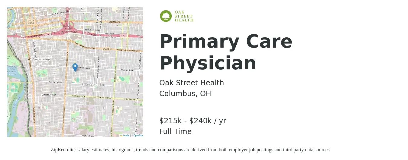 Oak Street Health job posting for a Primary Care Physician in Columbus, OH with a salary of $183,800 to $236,500 Yearly with a map of Columbus location.