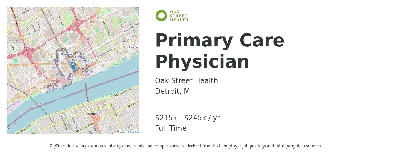 Oak Street Health job posting for a Primary Care Physician in Detroit, MI with a salary of $215,000 to $245,000 Yearly with a map of Detroit location.