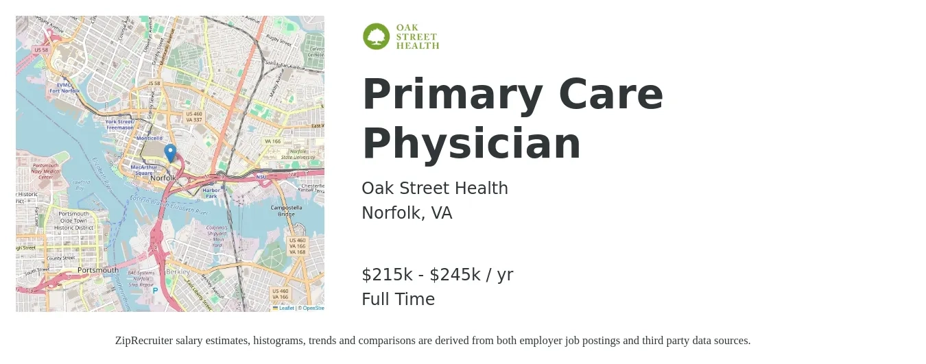 Oak Street Health job posting for a Primary Care Physician in Norfolk, VA with a salary of $215,000 to $245,000 Yearly with a map of Norfolk location.