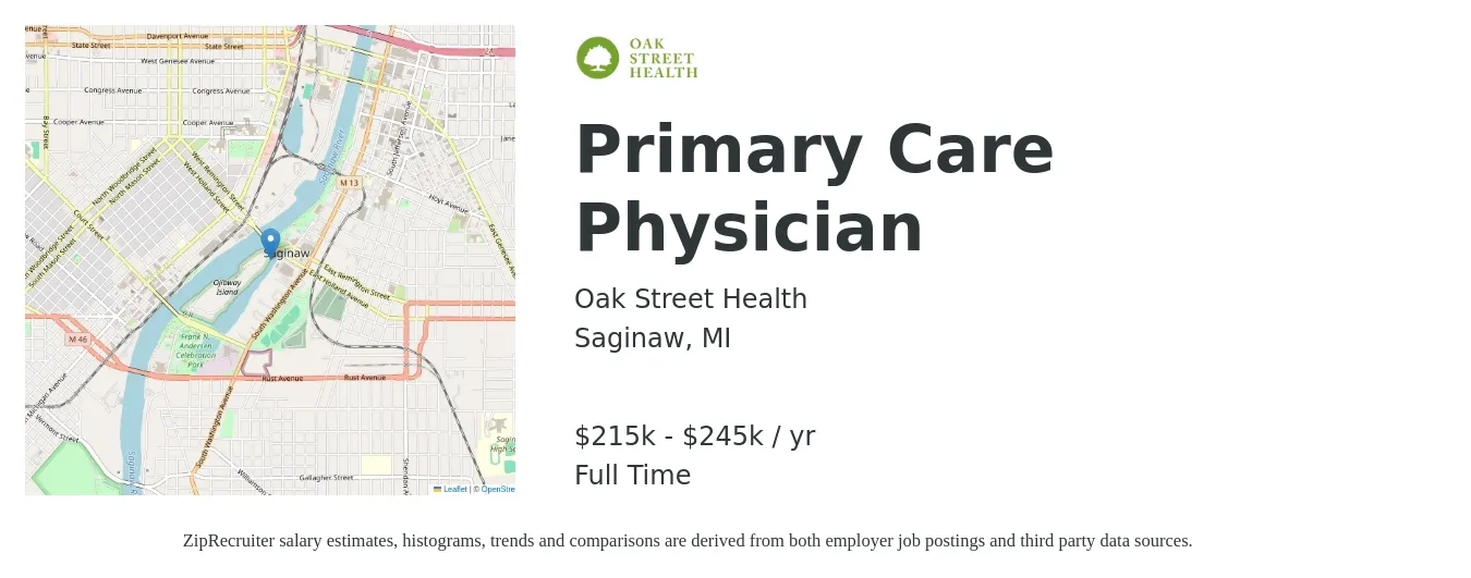 Oak Street Health job posting for a Primary Care Physician in Saginaw, MI with a salary of $215,000 to $245,000 Yearly with a map of Saginaw location.