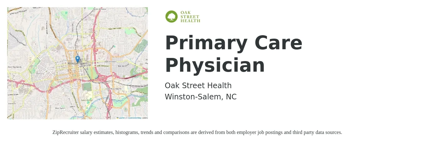 Oak Street Health job posting for a Primary Care Physician in Winston-Salem, NC with a salary of $175,300 to $225,600 Yearly with a map of Winston-Salem location.