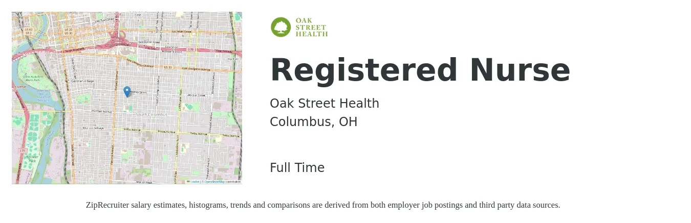 Oak Street Health job posting for a Registered Nurse in Columbus, OH with a salary of $30 to $48 Hourly with a map of Columbus location.