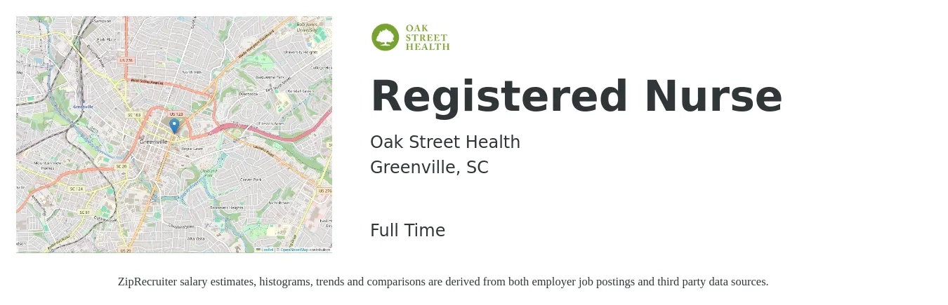 Oak Street Health job posting for a Registered Nurse in Greenville, SC with a salary of $29 to $46 Hourly with a map of Greenville location.