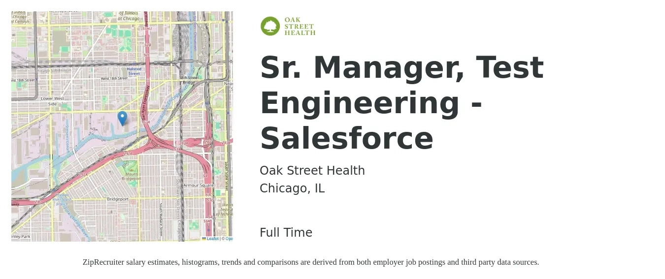 Oak Street Health job posting for a Sr. Manager, Test Engineering - Salesforce in Chicago, IL with a salary of $103,100 to $132,500 Yearly with a map of Chicago location.
