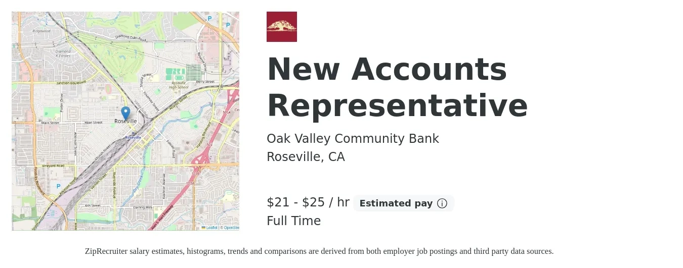 Oak Valley Community Bank job posting for a New Accounts Representative in Roseville, CA with a salary of $22 to $26 Hourly with a map of Roseville location.