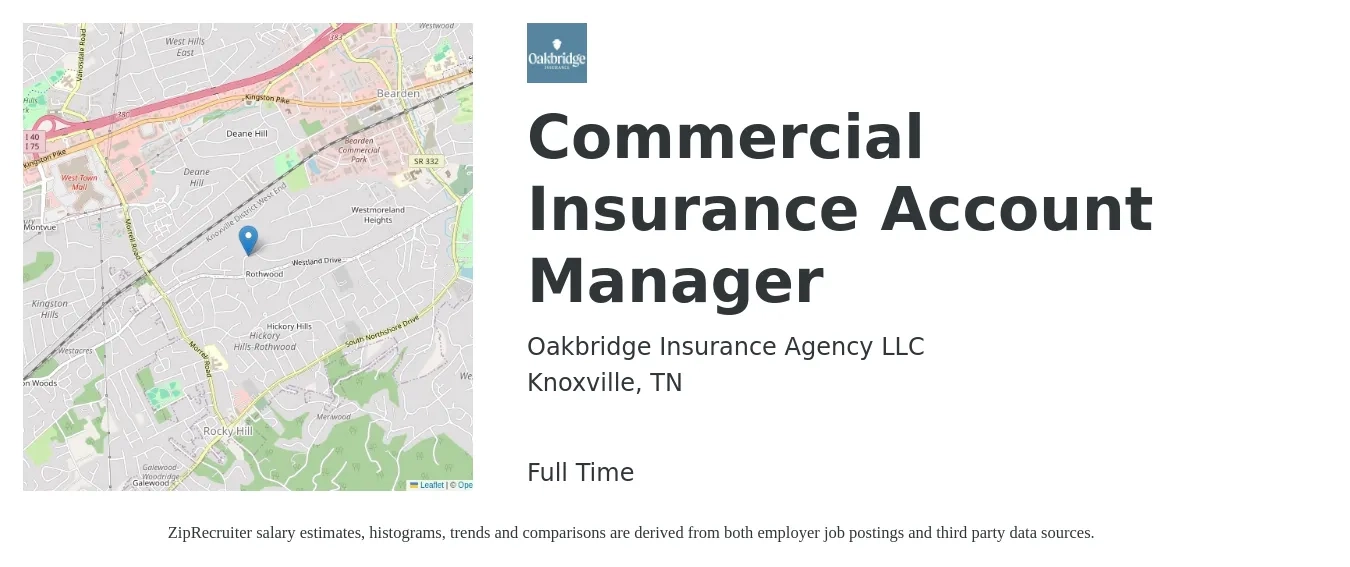 Oakbridge Insurance Agency LLC job posting for a Commercial Insurance Account Manager in Knoxville, TN with a salary of $49,500 to $71,700 Yearly with a map of Knoxville location.