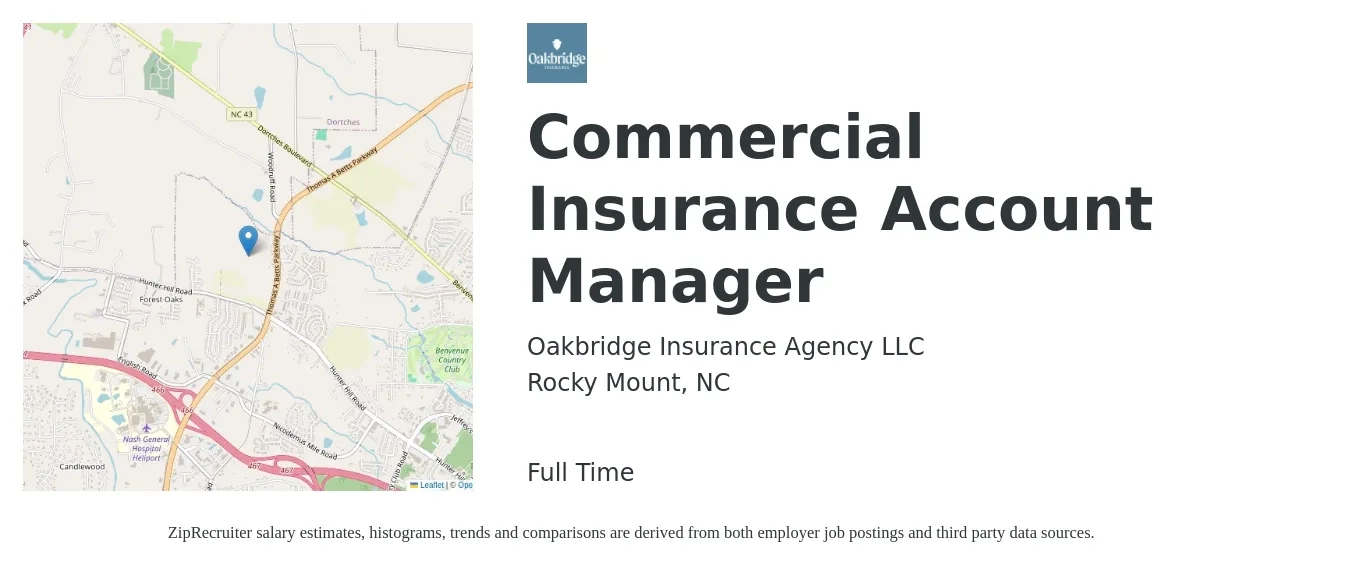 Oakbridge Insurance Agency LLC job posting for a Commercial Insurance Account Manager in Rocky Mount, NC with a salary of $48,100 to $69,700 Yearly with a map of Rocky Mount location.