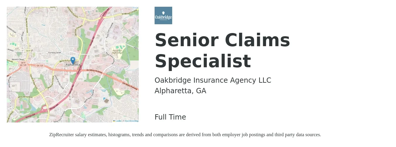 Oakbridge Insurance Agency LLC job posting for a Senior Claims Specialist in Alpharetta, GA with a salary of $17 to $25 Hourly with a map of Alpharetta location.