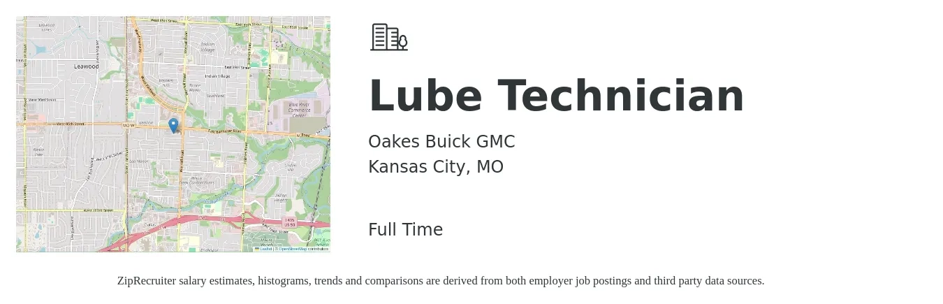 Oakes Buick GMC job posting for a Lube Technician in Kansas City, MO with a salary of $14 to $19 Hourly with a map of Kansas City location.