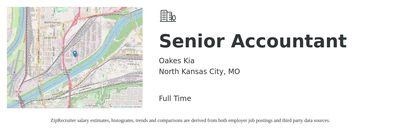 Oakes Kia job posting for a Senior Accountant in North Kansas City, MO with a salary of $72,200 to $90,800 Yearly with a map of North Kansas City location.