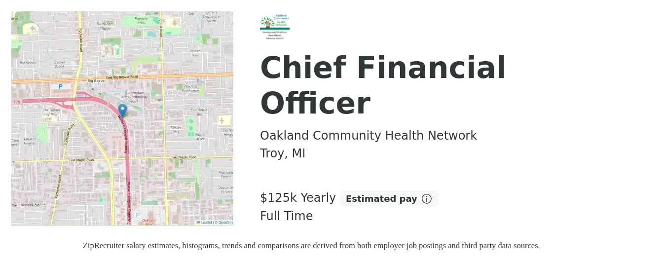 Oakland Community Health Network job posting for a Chief Financial Officer in Troy, MI with a salary of $125,617 Yearly with a map of Troy location.