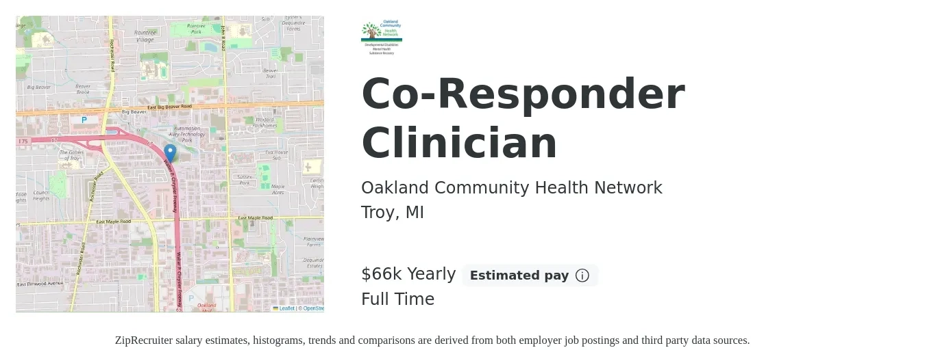 Oakland Community Health Network job posting for a Co-Responder Clinician in Troy, MI with a salary of $66,353 Yearly with a map of Troy location.