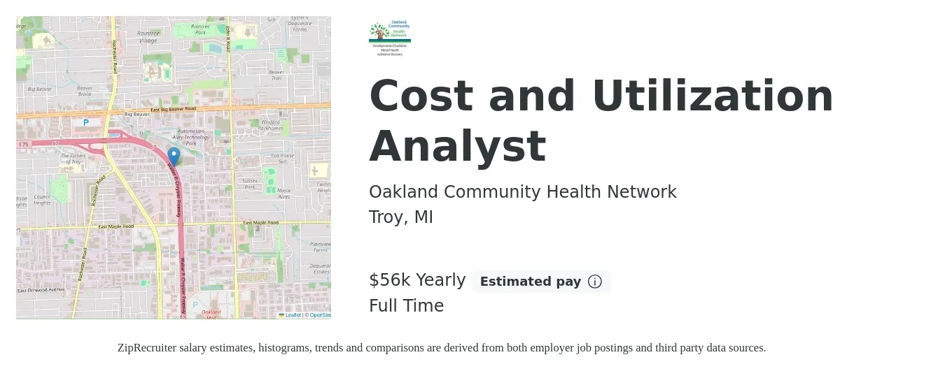 Oakland Community Health Network job posting for a Cost and Utilization Analyst in Troy, MI with a salary of $56,165 Yearly with a map of Troy location.