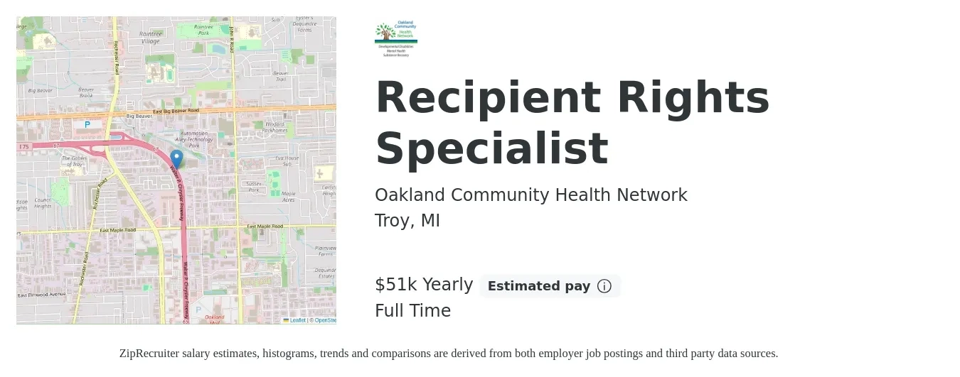 Oakland Community Health Network job posting for a Recipient Rights Specialist in Troy, MI with a salary of $51,163 Yearly with a map of Troy location.