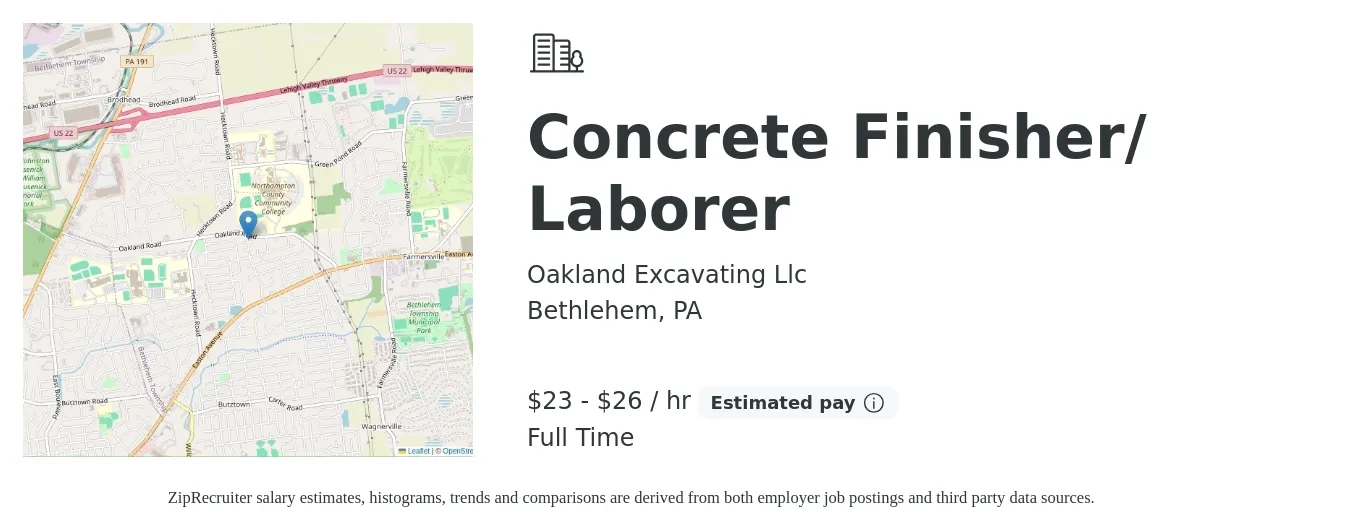 Oakland Excavating Llc job posting for a Concrete Finisher/ Laborer in Bethlehem, PA with a salary of $24 to $28 Hourly with a map of Bethlehem location.