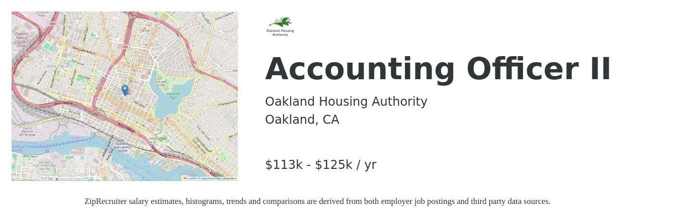 Oakland Housing Authority job posting for a Accounting Officer II in Oakland, CA with a salary of $113,662 to $125,519 Yearly with a map of Oakland location.