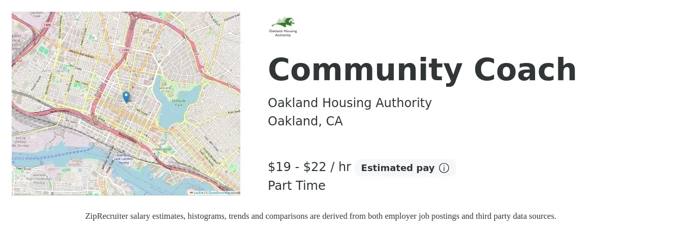 Oakland Housing Authority job posting for a Community Coach in Oakland, CA with a salary of $20 to $23 Hourly with a map of Oakland location.