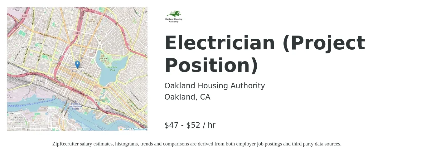Oakland Housing Authority job posting for a Electrician (Project Position) in Oakland, CA with a salary of $49 to $54 Hourly with a map of Oakland location.