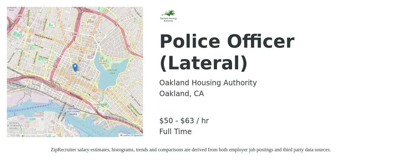 Oakland Housing Authority job posting for a Police Officer (Lateral) in Oakland, CA with a salary of $53 to $66 Hourly with a map of Oakland location.
