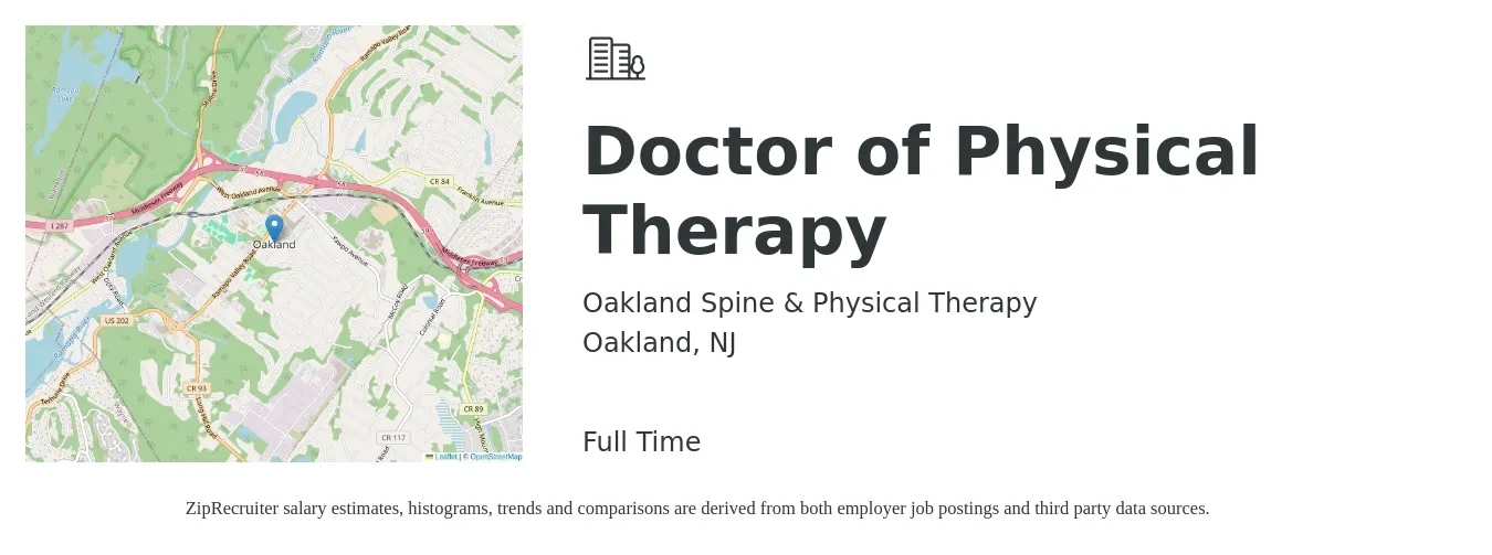 Oakland Spine & Physical Therapy job posting for a Doctor of Physical Therapy in Oakland, NJ with a salary of $28 to $37 Hourly with a map of Oakland location.