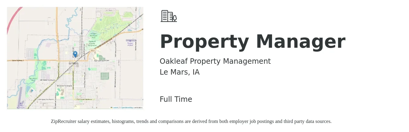 Oakleaf Property Management job posting for a Property Manager in Le Mars, IA with a salary of $41,600 to $64,400 Yearly with a map of Le Mars location.