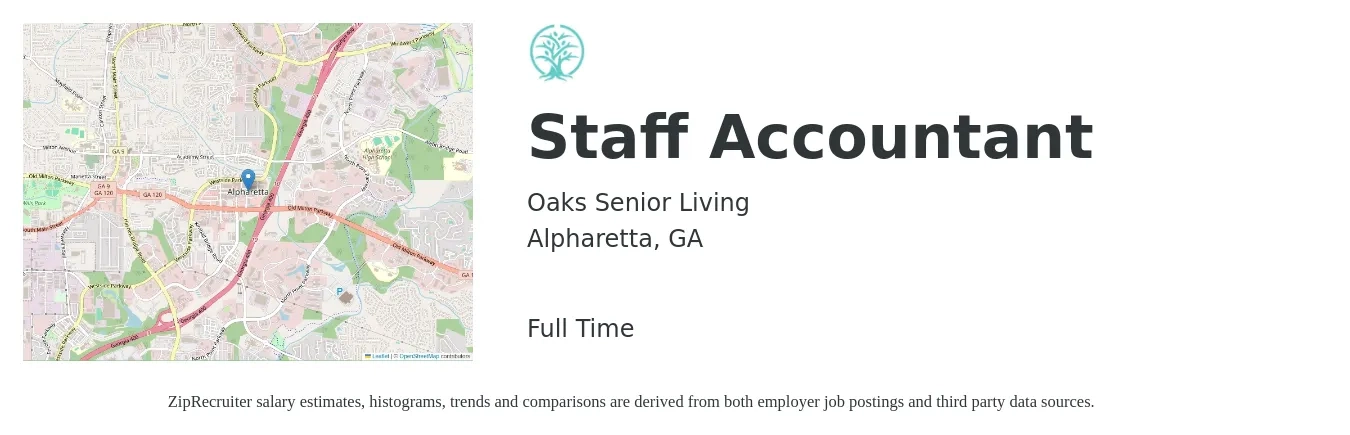 Oaks Senior Living job posting for a Staff Accountant in Alpharetta, GA with a salary of $53,100 to $70,000 Yearly with a map of Alpharetta location.