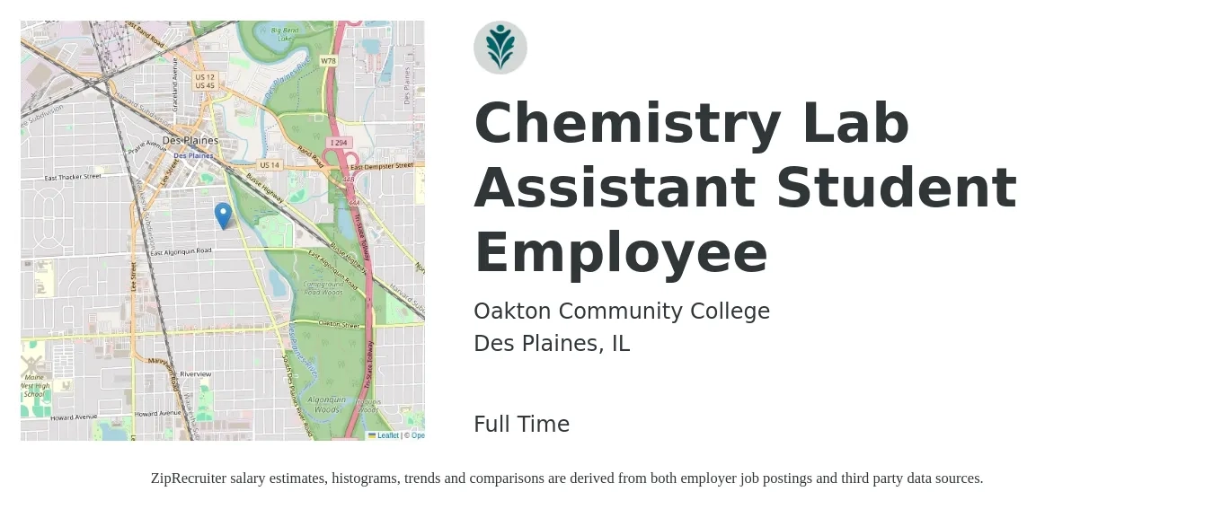 Oakton Community College job posting for a Chemistry Lab Assistant Student Employee in Des Plaines, IL with a salary of $17 to $23 Hourly with a map of Des Plaines location.