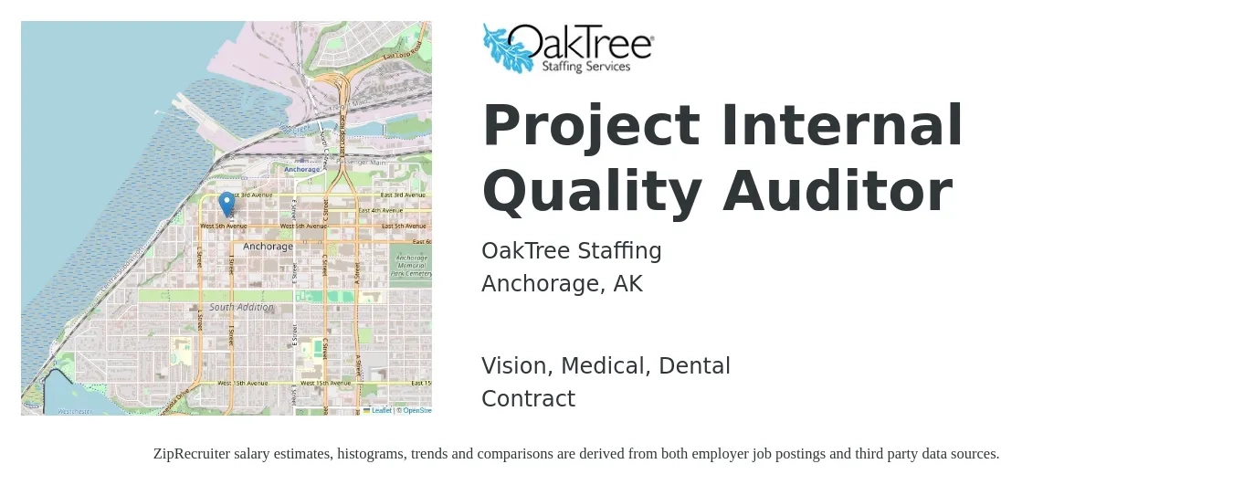OakTree Staffing job posting for a Project Internal Quality Auditor in Anchorage, AK with a salary of $18 to $35 Hourly and benefits including retirement, vision, dental, life_insurance, and medical with a map of Anchorage location.