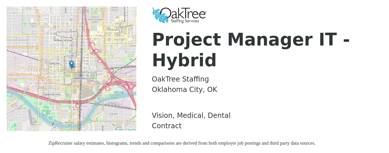 OakTree Staffing job posting for a Project Manager IT - Hybrid in Oklahoma City, OK with a salary of $91,500 to $108,200 Yearly and benefits including life_insurance, medical, retirement, vision, and dental with a map of Oklahoma City location.