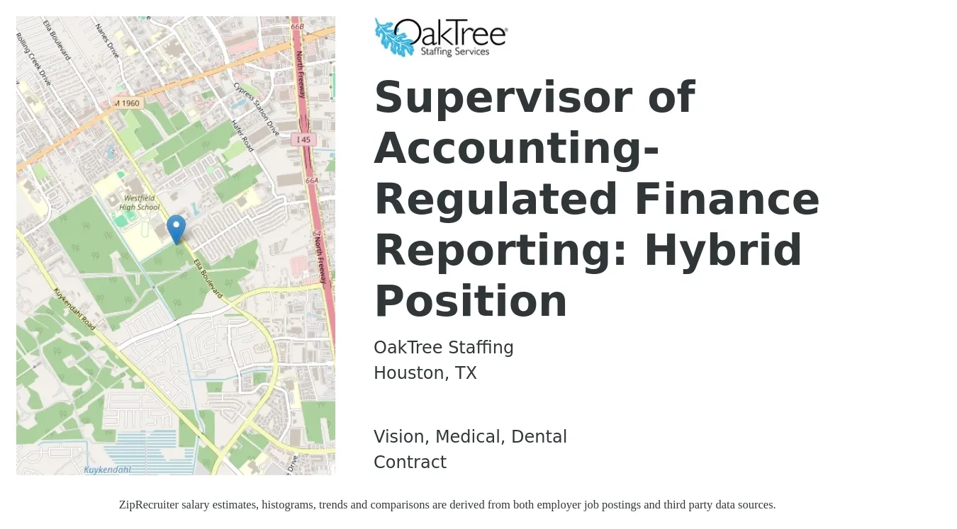 OakTree Staffing job posting for a Supervisor of Accounting- Regulated Finance Reporting: Hybrid Position in Houston, TX with a salary of $74,500 to $107,000 Yearly and benefits including dental, life_insurance, medical, retirement, and vision with a map of Houston location.