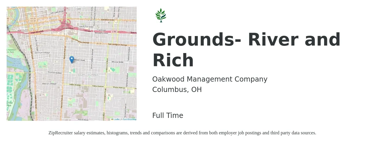 Oakwood Management Company job posting for a Grounds- River and Rich in Columbus, OH with a salary of $45,400 to $67,600 Yearly with a map of Columbus location.