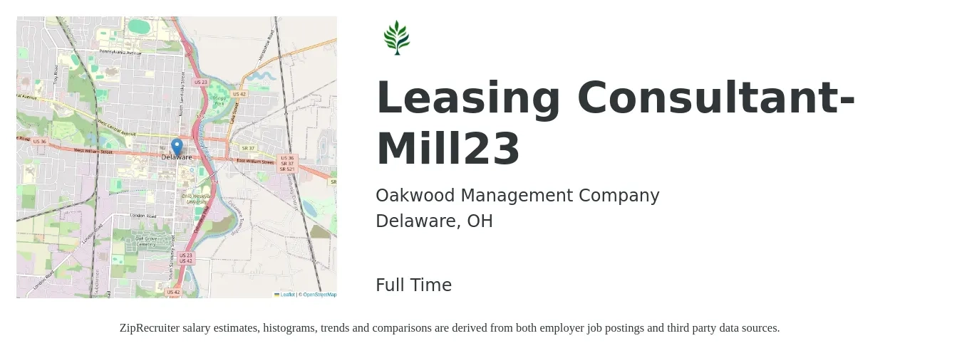 Oakwood Management Company job posting for a Leasing Consultant- Mill23 in Delaware, OH with a salary of $16 to $18 Hourly with a map of Delaware location.