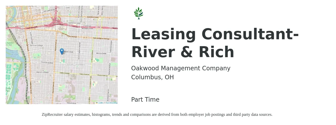 Oakwood Management Company job posting for a Leasing Consultant- River & Rich in Columbus, OH with a salary of $16 to $19 Hourly with a map of Columbus location.