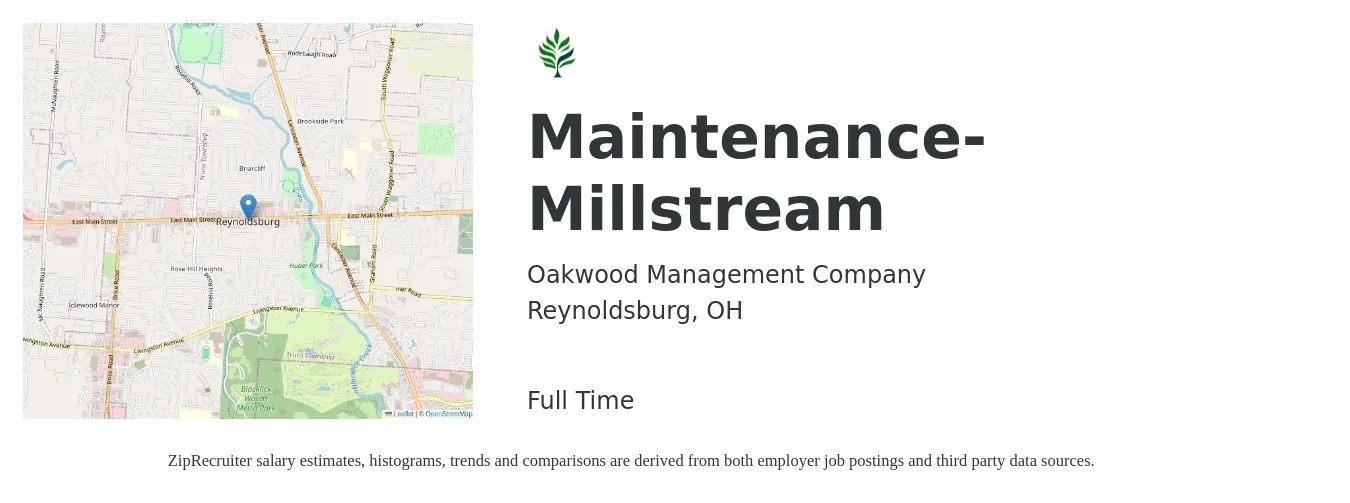 Oakwood Management Company job posting for a Maintenance- Millstream in Reynoldsburg, OH with a salary of $22 to $36 Hourly with a map of Reynoldsburg location.