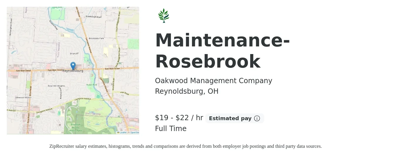 Oakwood Management Company job posting for a Maintenance- Rosebrook in Reynoldsburg, OH with a salary of $20 to $23 Hourly with a map of Reynoldsburg location.