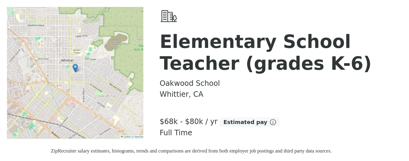 Oakwood School job posting for a Elementary School Teacher (grades K-6) in Whittier, CA with a salary of $68,896 to $80,944 Yearly with a map of Whittier location.