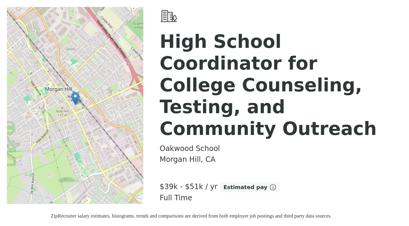 Oakwood School job posting for a High School Coordinator for College Counseling, Testing, and Community Outreach in Morgan Hill, CA with a salary of $22 to $33 Hourly with a map of Morgan Hill location.