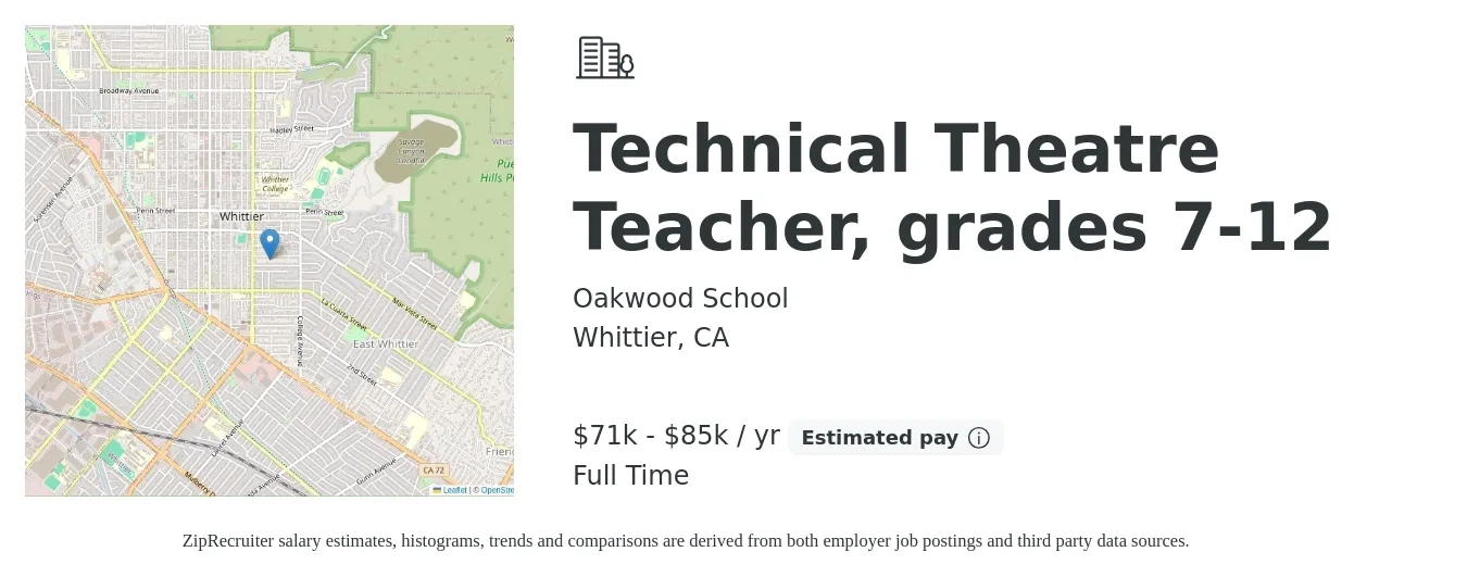 Oakwood School job posting for a Technical Theatre Teacher, grades 7-12 in Whittier, CA with a salary of $71,849 to $85,192 Yearly with a map of Whittier location.