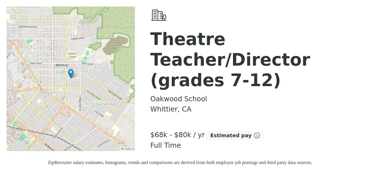 Oakwood School job posting for a Theatre Teacher/Director (grades 7-12) in Whittier, CA with a salary of $68,896 to $80,944 Yearly with a map of Whittier location.