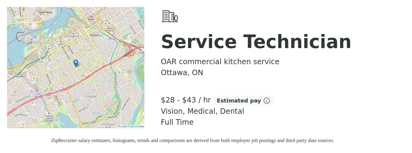 OAR commercial kitchen service job posting for a Service Technician in Ottawa, ON with a salary of $30 to $45 Hourly and benefits including vision, dental, medical, and pto with a map of Ottawa location.