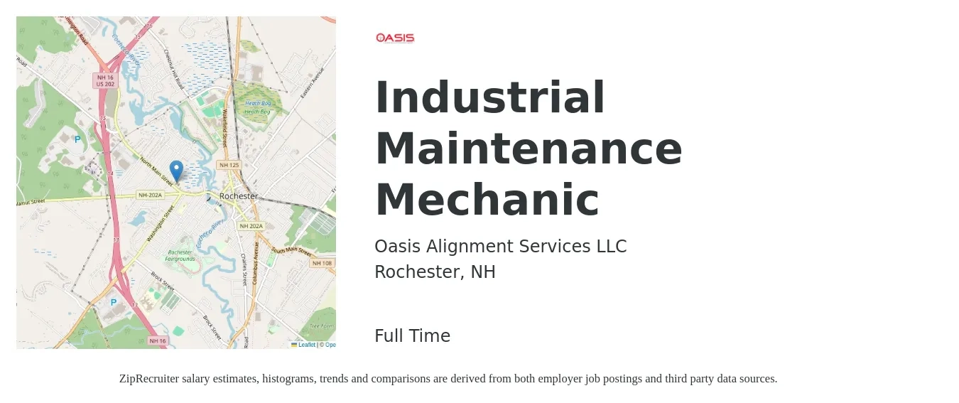 Oasis Alignment Services LLC job posting for a Industrial Maintenance Mechanic in Rochester, NH with a salary of $26 to $31 Hourly with a map of Rochester location.
