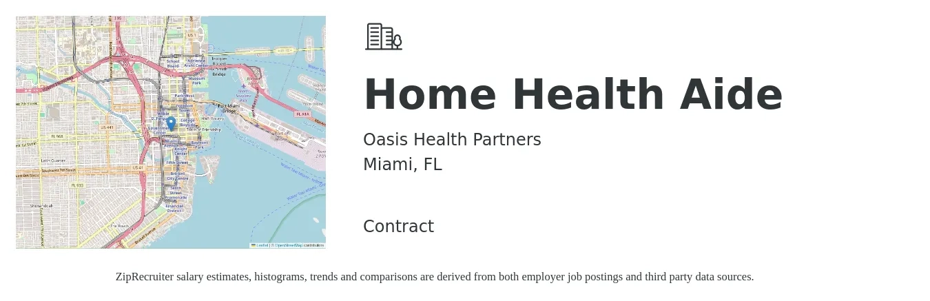 Oasis Health Partners job posting for a Home Health Aide in Miami, FL with a salary of $12 to $20 Hourly with a map of Miami location.