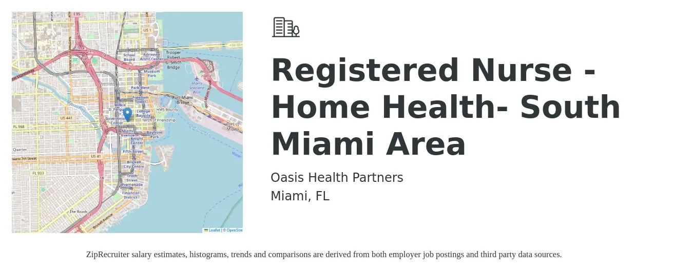 Oasis Health Partners job posting for a Registered Nurse - Home Health- South Miami Area in Miami, FL with a salary of $35 to $45 Hourly with a map of Miami location.